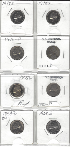 8 Different Old or Proof Jefferson Nickels