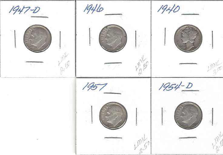 5 Silver Dimes - 1940, 1946, 1947-D, 1954-D, & 1957