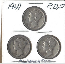 Three Different Mercury Dimes - 1941, 1941-D, & 1941-S