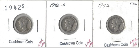Three Different Mercury Dimes - 1942, 1942-D, & 1942-S