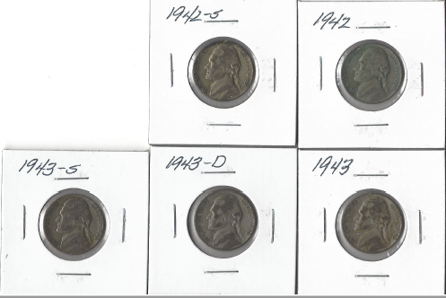 Five Different Silver War Nickels - 1942 P,S & 1943 P,D,S