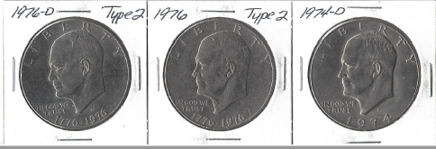 Three Different Ike Dollars - 1974-D, 1976 Type 2, & 1976-D Type 2