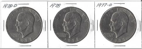 Three Different Ike Dollars - 1977-D, 1978, & 1978-D