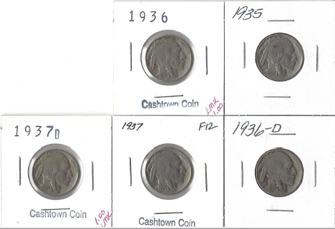 Five Different Buffalo Nickels - 1935, 1936, 1936-D, 1937, & 1937-D
