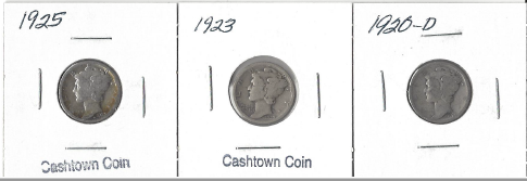 Three Different Mercury Dimes - 1920-D, 1923, & 1925
