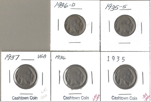 Five Different Buffalo Nickels - 1935, 1935-S, 1936, 1936-D, & 1937
