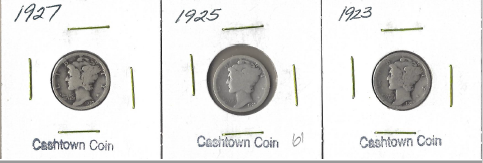 Three Different Mercury Dimes - 1923, 1925, & 1927