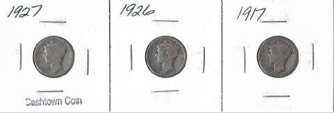 Three Different Mercury Dimes - 1917, 1926, & 1927