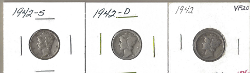 Three Different Mercury Dimes - 1942, 1942-D, & 1942-S