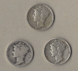 Three Silver Dimes - 1944, 1923, & 1936