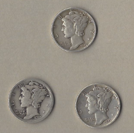 Three Silver Dimes - 1941, 1923, & 1945