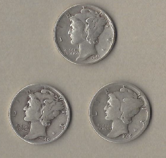 Three Silver Dimes - 1916-S, 1940, & 1941