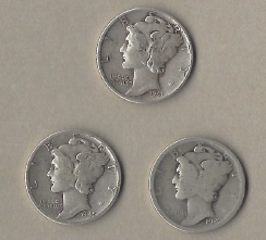 Three Silver Dimes - 1941, 1920, & 1945