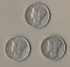 Three Silver Dimes - 1941, 1945, & 1944