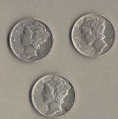 Three Silver Dimes - 1943, 1941, & 1942