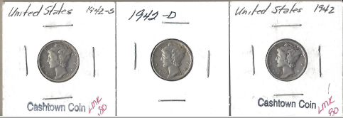 Three Different Mercury Dimes - 1942, 1942-D, & 1942-S