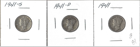Three Different Mercury Dimes - 1941, 1941-D, & 1941-S