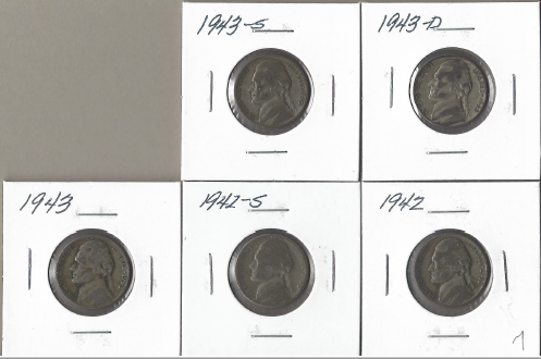 Five Different Silver War Nickels - 1942 P,S & 1943 P,D,S