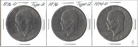 Three Different Ike Dollars - 1974-D, 1976 Type 2, & 1976-D Type 2