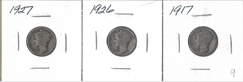 Three Different Mercury Dimes - 1917, 1926, & 1927