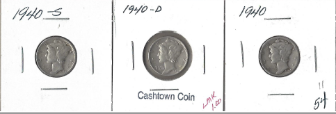 Three Different Mercury Dimes - 1940, 1940-D, & 1940-S