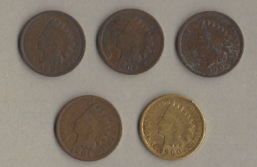5 Indian Head Pennies - 1900, 1901, 1902, 1903, & 1904