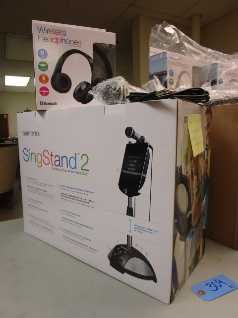 lot 309 image: HOME KARAOKE SYSTEM  WIRELESS HEADPHONES  MICROPHONE