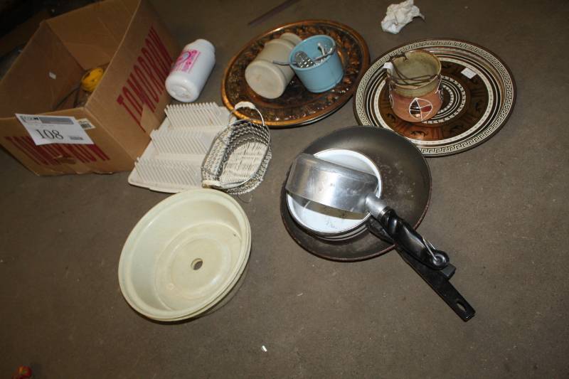 lot 108 image: Serving Trays, Pots, Skillets, Food Warmer, And More