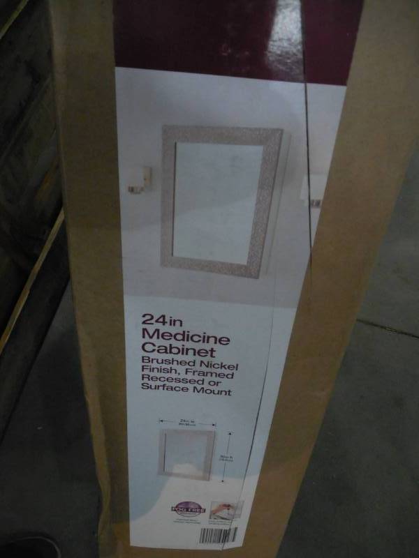 lot 49 image: Home Decorators Collection 24 in. W x 30 in. H Fog Free Framed Recessed or Surface Mount Bathroom Medicine Cabinet in Brushed Nickel