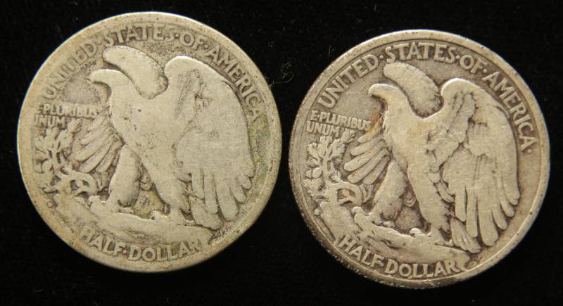 2 WALKING LIBERTY SILVER HALF DOLLARS 1917-D REV. & 1929-S