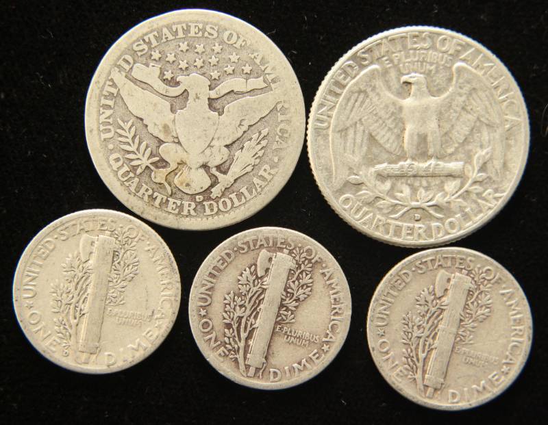 5 COINS 1908-D 1964-D QUARTERS, 1942-D 1943 1944 DIMES