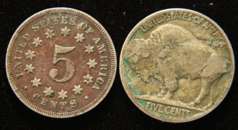 2 US NICKELS 1868 SHIELD & 1919-D BUFFALO