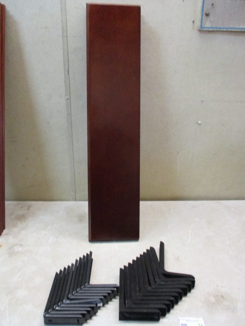 lot 14 image: Set of (5) wood wall shelves with metal brackets. Retails at Menards for 30.00 each. Get a deal for decorating your home or apartment.