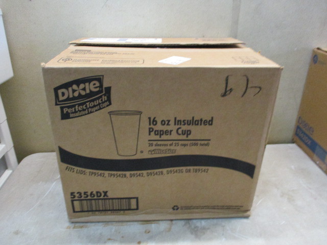 lot 16 image: Box of Dixie 5356DX 16oz Insulated Paper Cups 19 plastic enclosed sleeves of 25 cups for 475 cups in the box. Each box retails for 55.00 each.