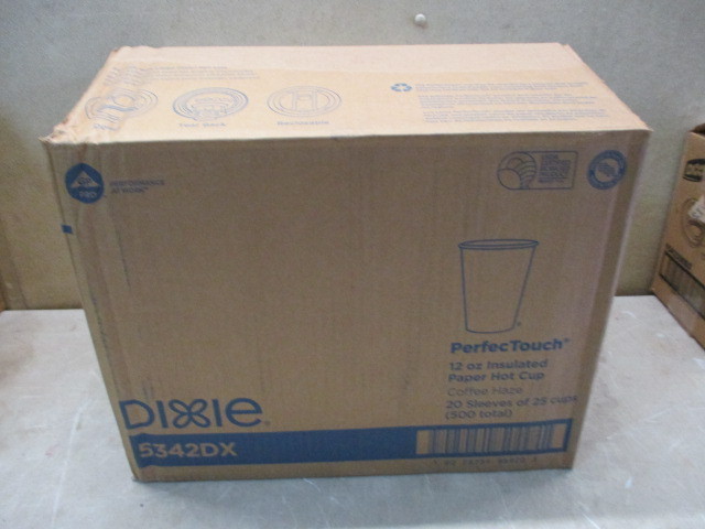 lot 17 image: Box of Dixie 5842DX 12oz Insulated Paper Cups  19 plastic enclosed sleeves of 25 cups for 475 cups total in the box. Each box retails for 55.00 each.