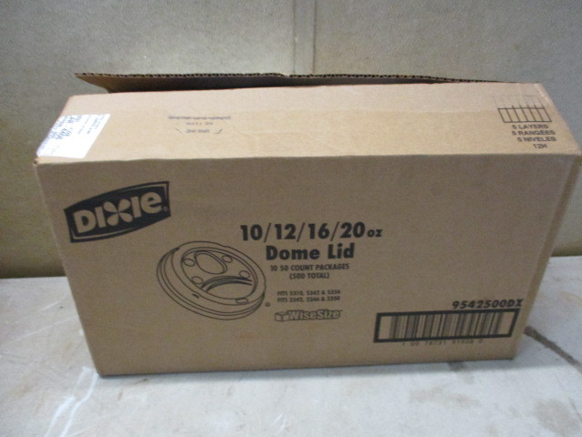 lot 18 image: Box of Dixie 9542500DX Dome Cover Lids for 101216 and 20 oz cups  the box contains 9 plastic enclosed sleeves of 50 lids for 450 in the box. Will fit cups being sold on this auction.