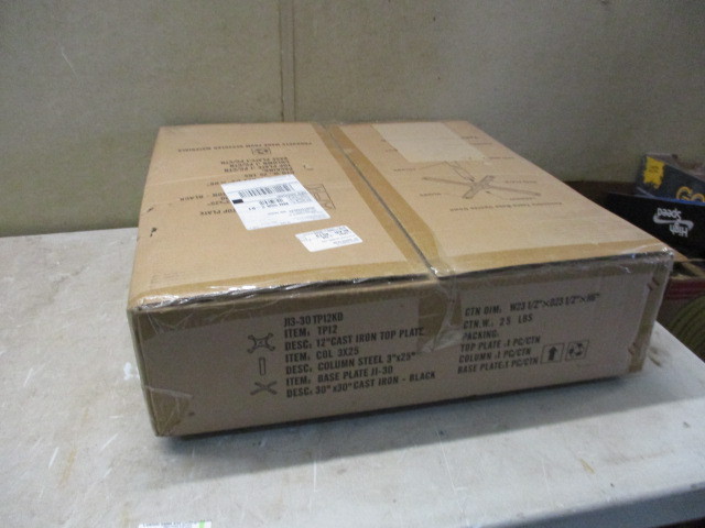 lot 25 image: 30 Black Table Base in original box. Multiple size table tops can fit onto the base for a wide range of utility tables or restaurant tables.