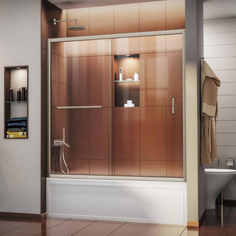 lot 85 image: Dreamline Infinity-Z 56 to 60 in. x 58 in. Semi-Frameless Sliding Tub Door in Brushed Nickel, SHDR-0960580-04