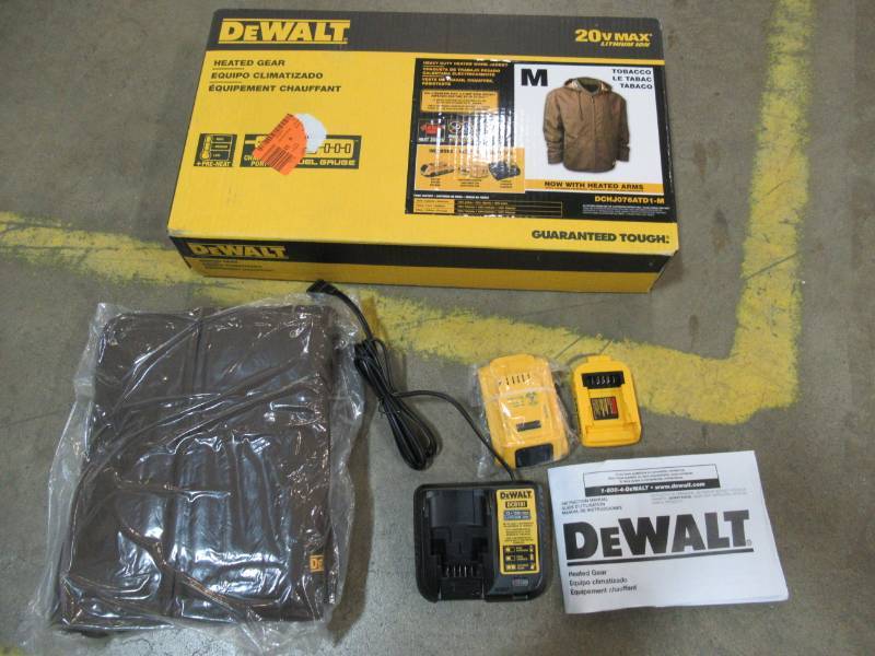 lot 67 image: Dewalt Unisex Medium Tobacco Duck Fabric Heated Heavy Duty Work Coat with 20-Volt2.0 Amp Battery and Charger, NEW in BOX