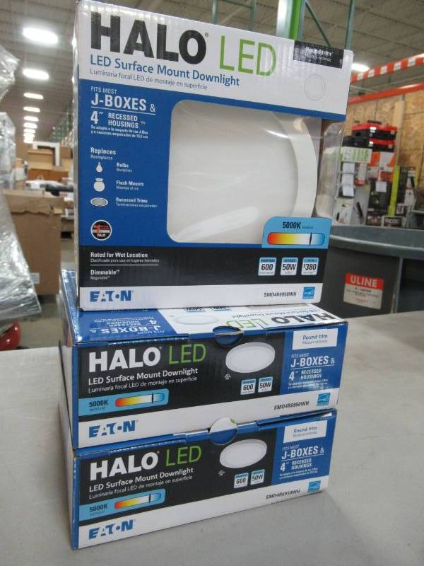 lot 92 image: 3 Halo SMD 4 in. White Integrated LED Recessed Round Surface Mount Ceiling Light Fixture with 90 CRI, 5000K Daylight