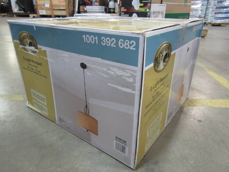 lot 103 image: Hampton Bay 3-Light Oil-Rubbed Bronze Pendant with Burlap Drum Shade and Hardwire or Plug In Kit