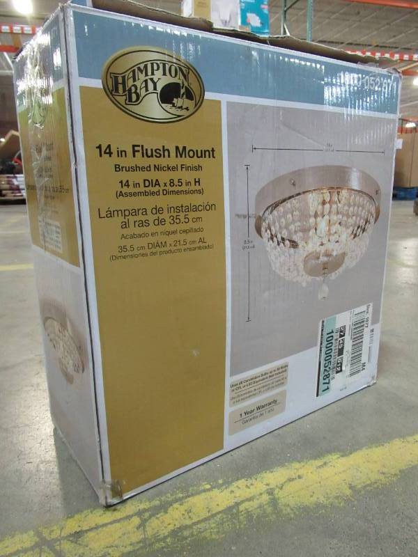 lot 106 image: Hampton Bay 3-Light Brushed Nickel Flushmount with Crystal Accents, 1000052871