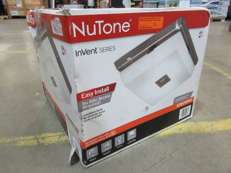 lot 113 image: NuTone InVent Decorative Polished Steel 70 CFM Ceiling Exhaust Fan with White Globe and Light, ARN70PS1