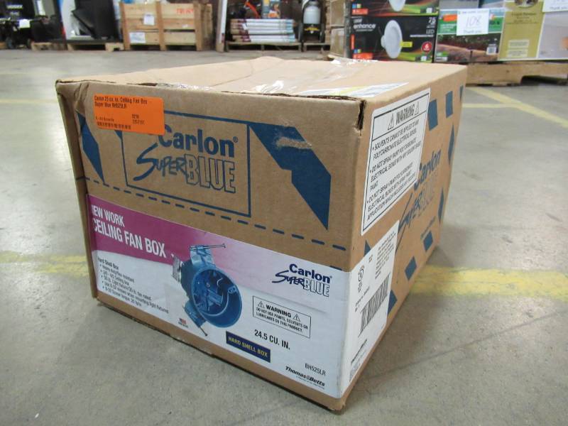 lot 116 image: Carlon 25 cu. in. Ceiling Fan Box - Super Blue BH525LR. New in Box