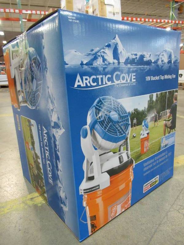 lot 118 image: Arctic Cove 18-Volt Two Speed Misting Bucket Top Fan, MBF0181. NEW in BOX