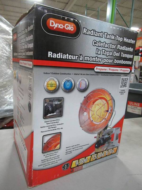 lot 119 image: Dyna-Glo 15K LP Single Tank Top Infrared Heater - CSA, TT15CDGP, NEW in BOX