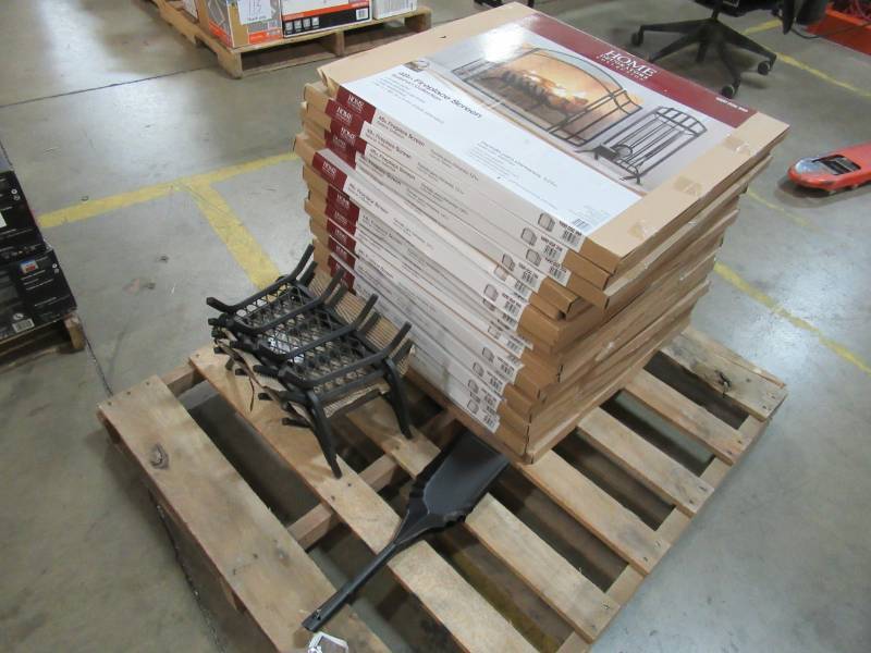 lot 131 image: Home Decorators Collection Salishan (18) 3 Panel 48 Fireplace Screens, 4 Wrought Iron 18 Log Cradles and 2 Shovels.