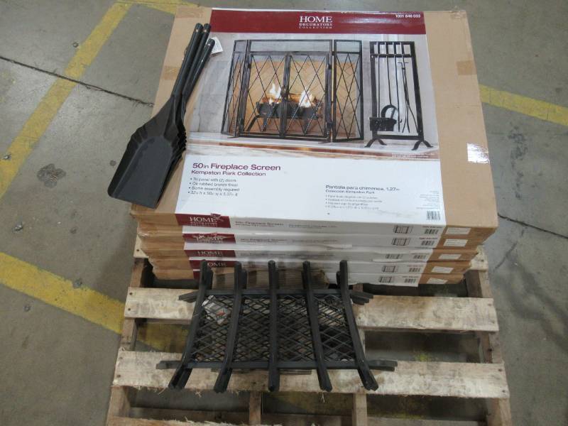 lot 132 image: Home Decorators Collection Kempston Park (5) 3-Panel 50 in. Fireplace Screen with Doors, 3 Wrought Iron 23 Log Cradles and 3 Shovels.