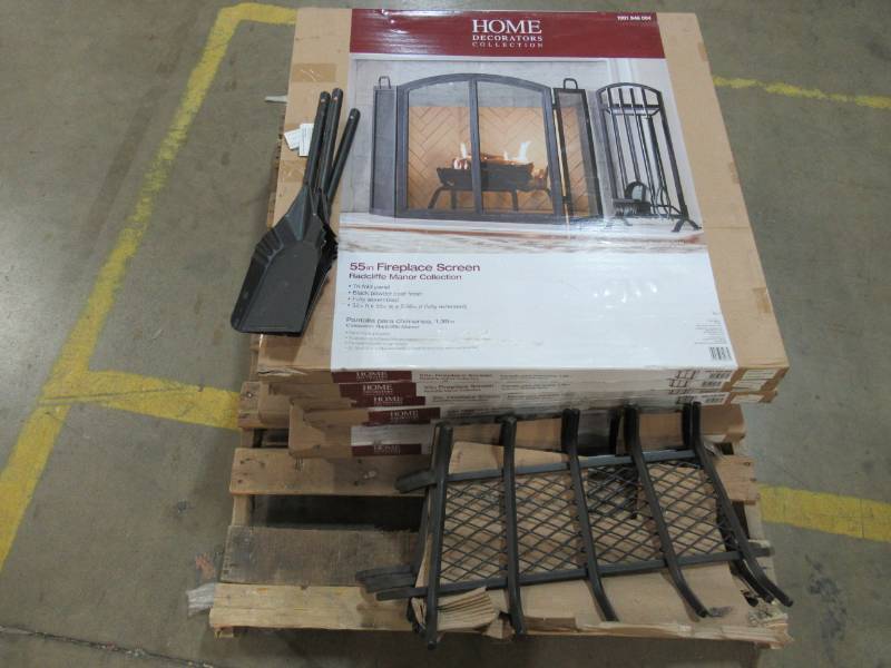 lot 133 image: Home Decorators Collection Radcliff Manor (8) 3-Panel 55 Fireplace Screen with Doors, (4) Wrought Iron 27 Log Cradles and (3) Shovels
