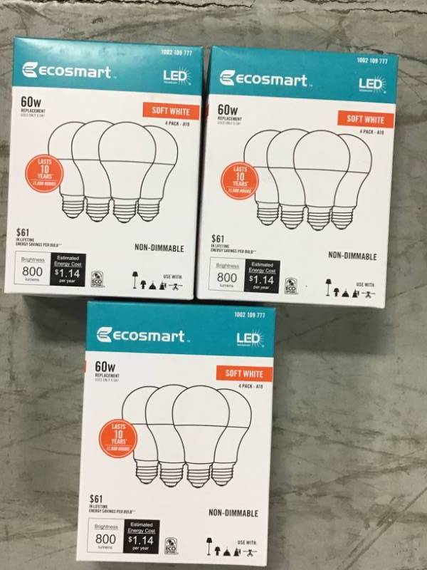 EcoSmart 60-Watt Equivalent A19 Non-Dimmable LED Light Bulb Soft White (4-Pack) QTY 3 not used